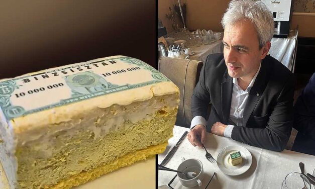 Érd polgármestere, Csőzik László is megkóstolta a Bindzsisztán-szeletet, azt kérdezték tőle, hogy rendszerkritikus íze van-e a sütinek